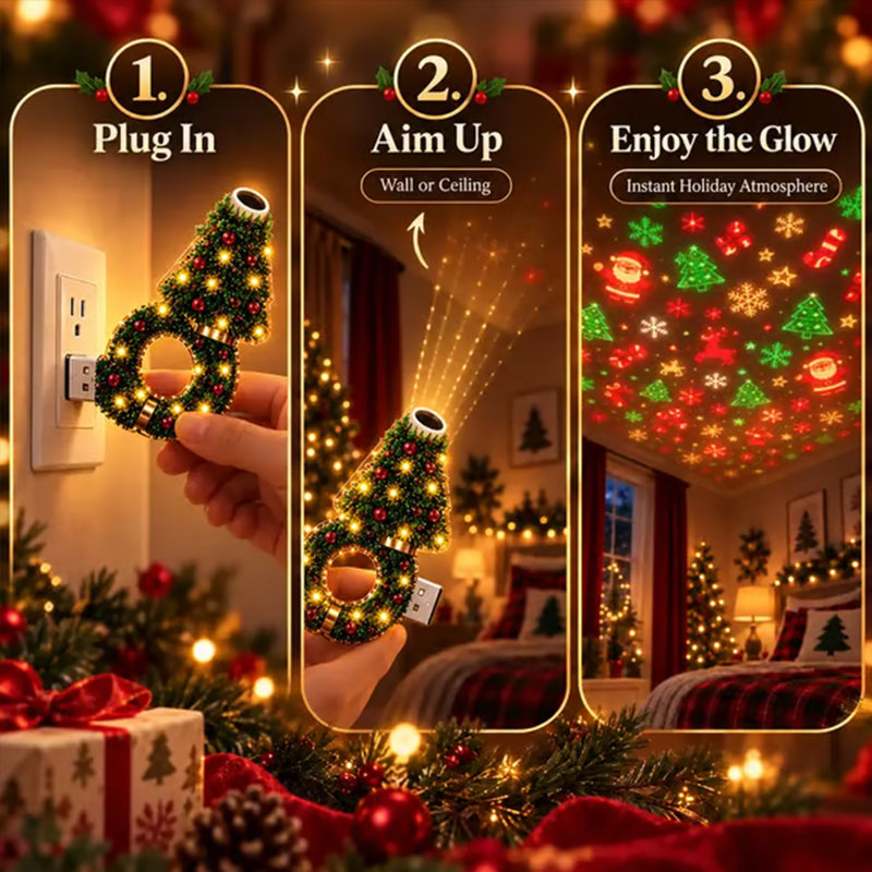 Christmas Projector Light – USB Powered Holiday Night Light with 6+ Patterns, Flexible Tree Lamp for Bedroom & Ceiling Decor
