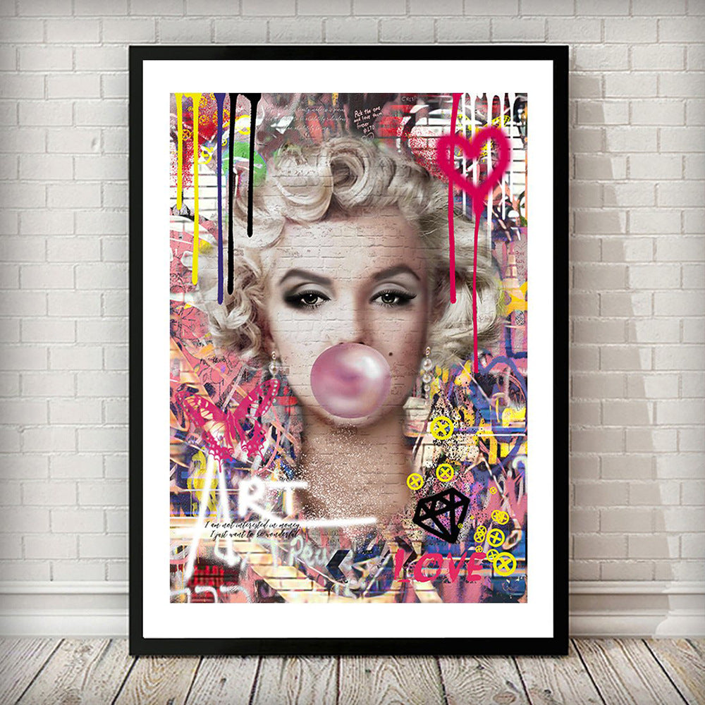 Popular street graffiti art Audrey Hepburn Monroe blowing balloons painted canvas core decorative paintings