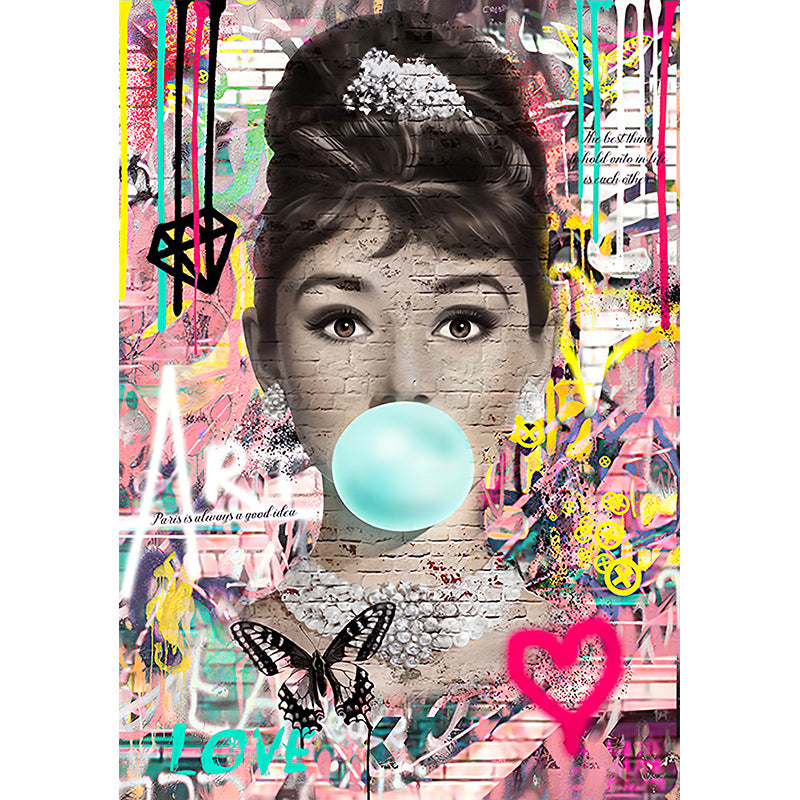Popular street graffiti art Audrey Hepburn Monroe blowing balloons painted canvas core decorative paintings