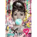 Popular street graffiti art Audrey Hepburn Monroe blowing balloons painted canvas core decorative paintings