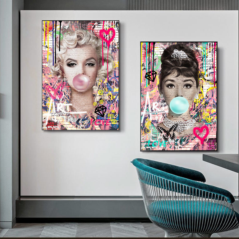 Popular street graffiti art Audrey Hepburn Monroe blowing balloons painted canvas core decorative paintings