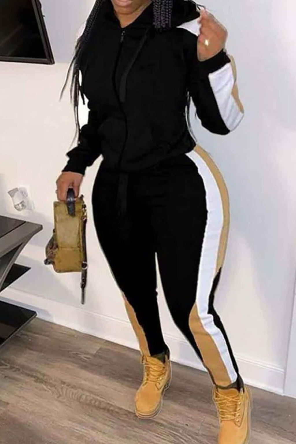 European and American women's dress color block patchwork casual hooded zipper coat two-piece set is sold on Amazon eBay