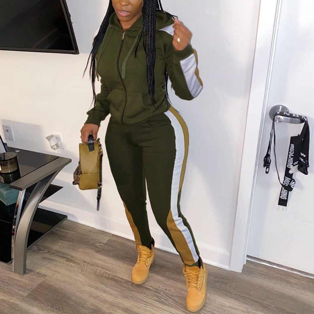 European and American women's dress color block patchwork casual hooded zipper coat two-piece set is sold on Amazon eBay