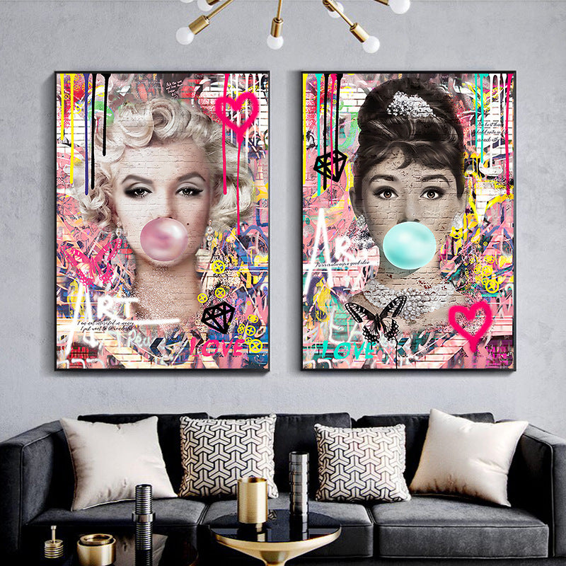Popular street graffiti art Audrey Hepburn Monroe blowing balloons painted canvas core decorative paintings
