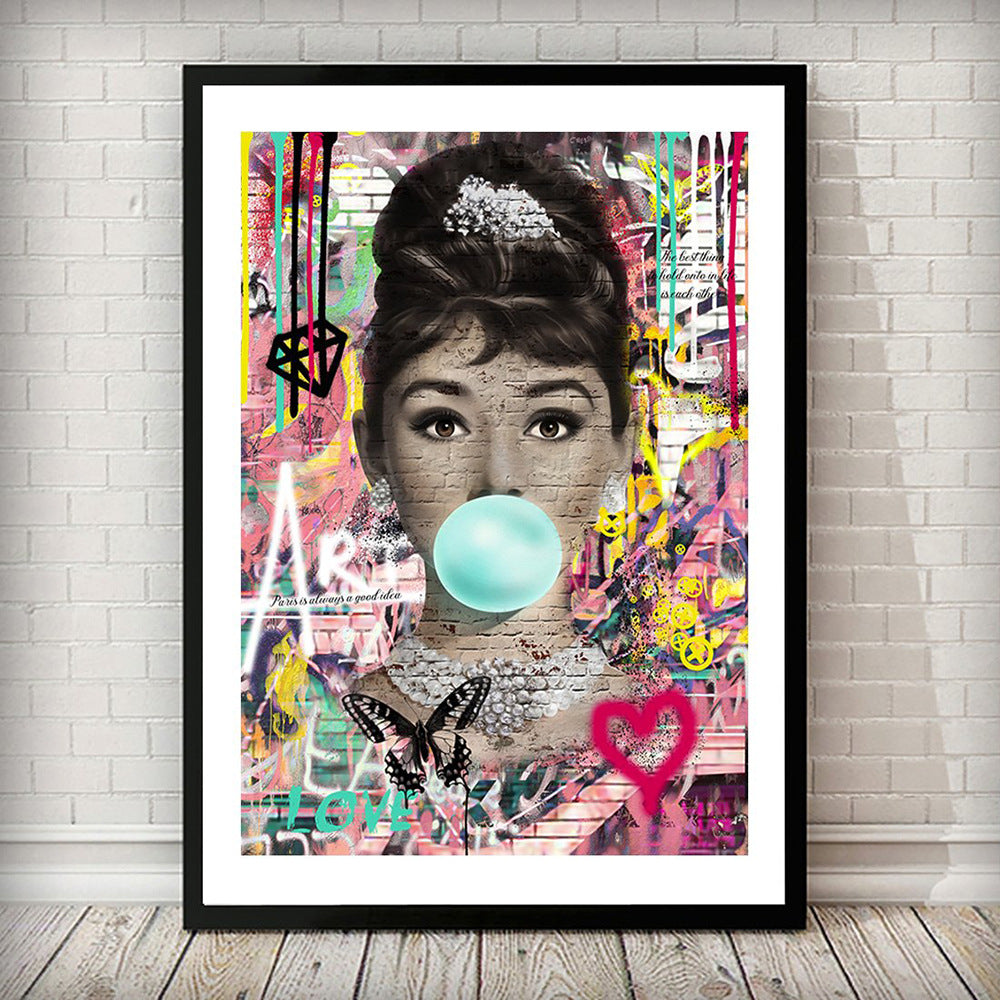 Popular street graffiti art Audrey Hepburn Monroe blowing balloons painted canvas core decorative paintings