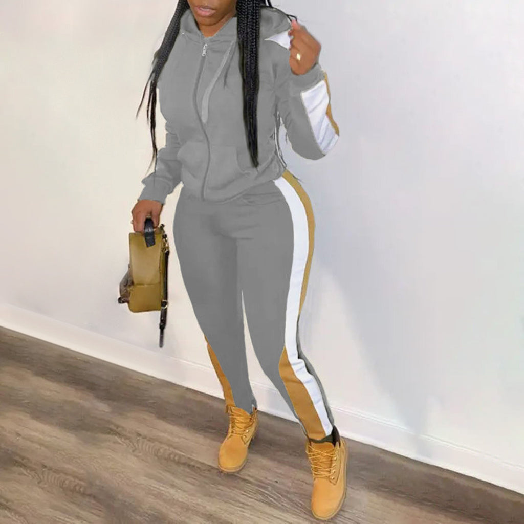 European and American women's dress color block patchwork casual hooded zipper coat two-piece set is sold on Amazon eBay